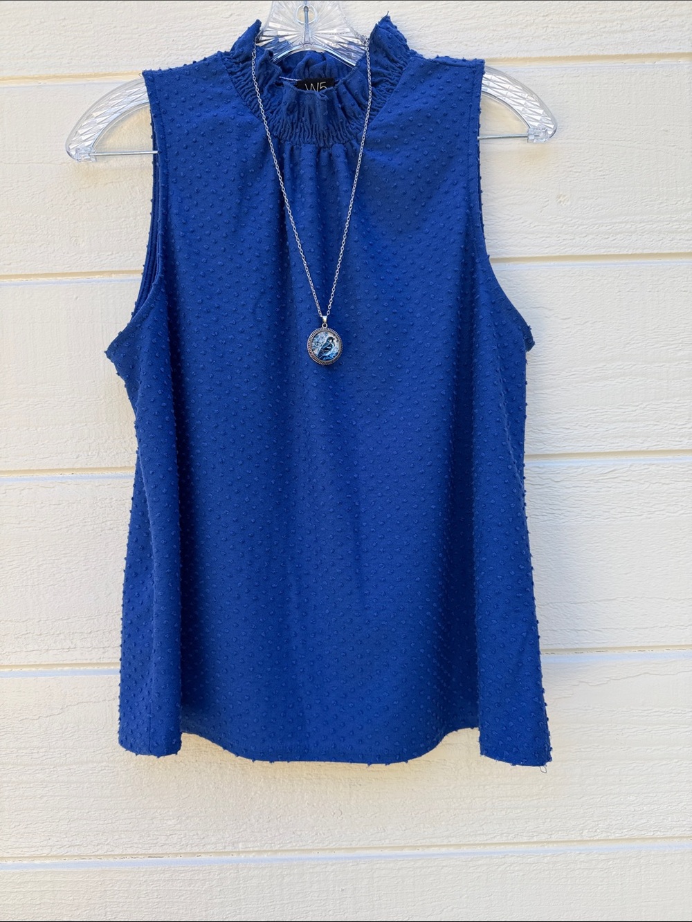 W5 Royal Blue Sweet Sleeveless Swiss Dot Ruffle Neck Top